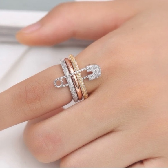 🆕 Cubic Zirconia Gold Silver & Rose Gold Tone Safety Pin Multi Layer Ring - Picture 7 of 7